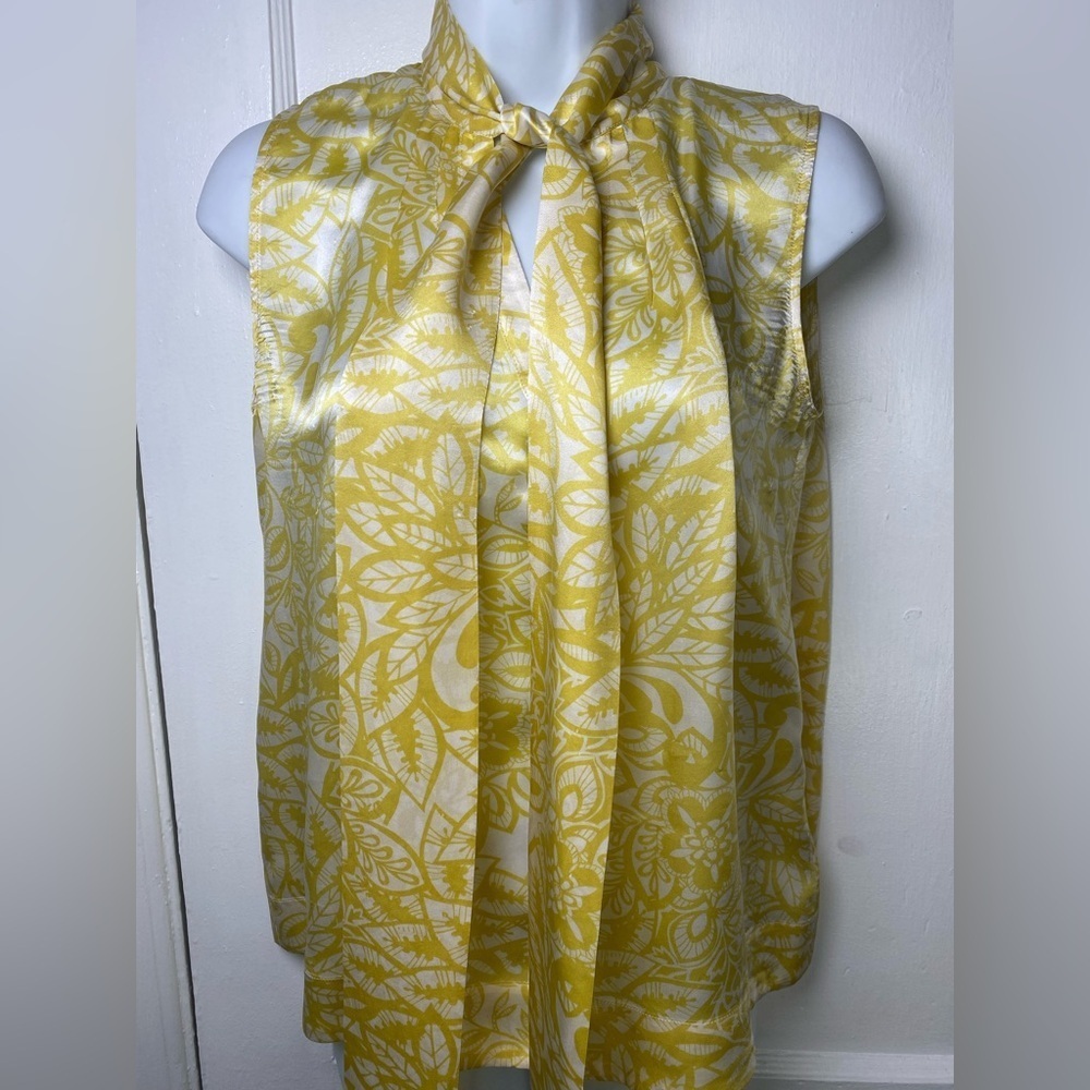 CAbi Leaf Collage Yellow and White %100 Silk Tie Neck Sleeveless Blouse #801